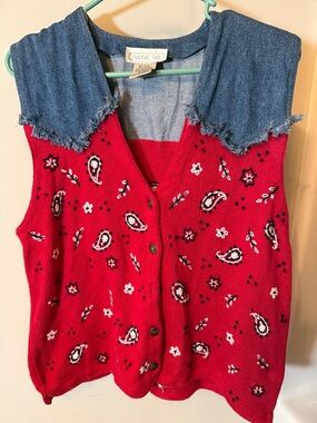 Red Paisley Knit Vest with Denim Collar by Mindal Day